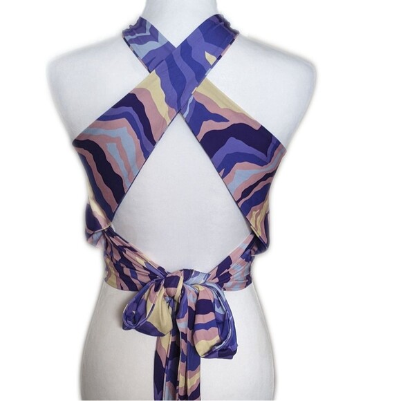 Venus criss cross tie back tank top, stretchy, abstract zebra print, purple S - Picture 2 of 7